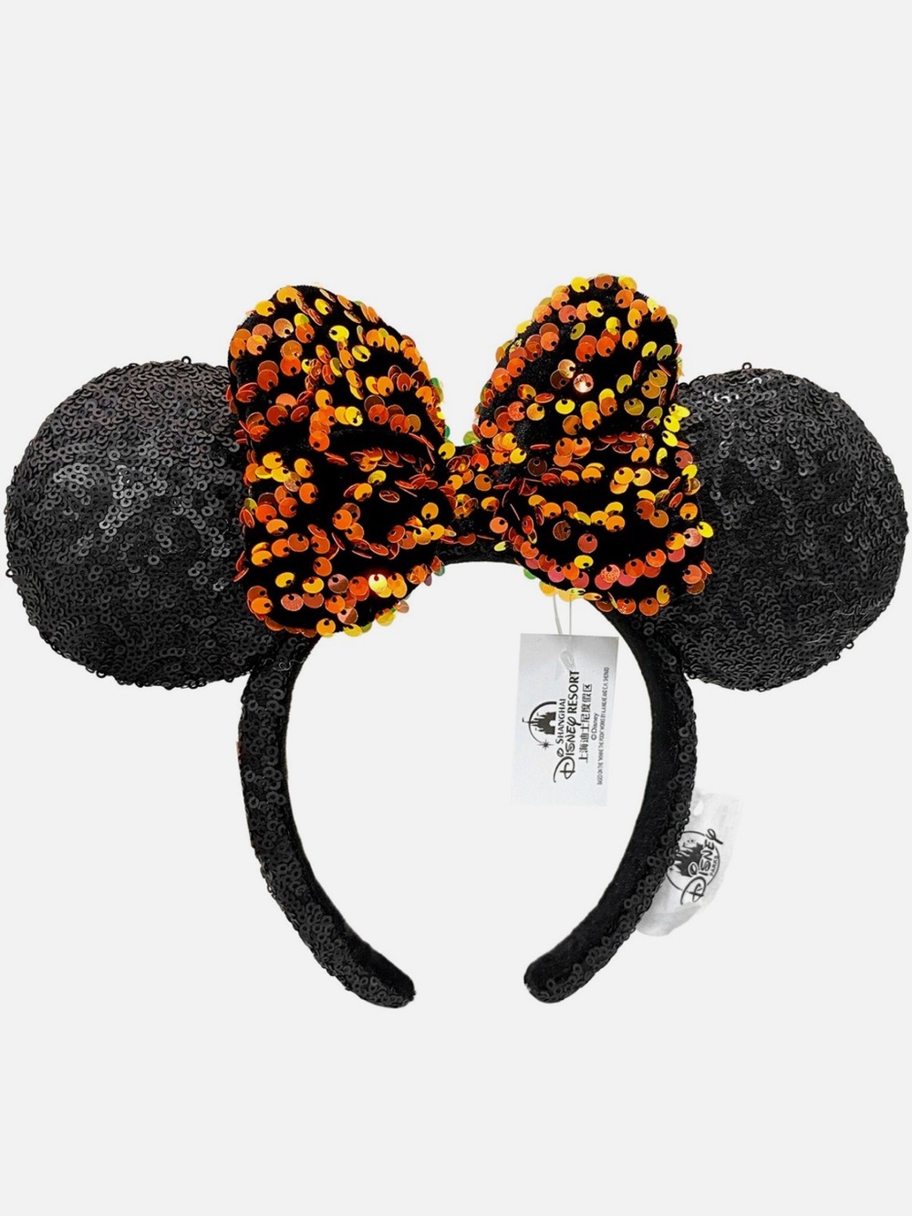 Disney Parks Black Sequin Minnie Ears Headband with Orange Sequin Bow